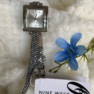 NEW Nine West Stainless Steel Women Square Silver Dial QuartzWatch Leather Strap